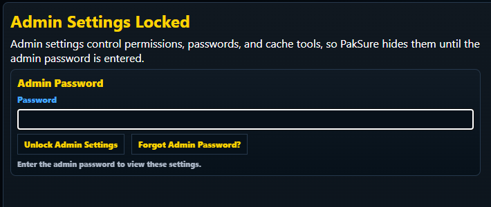 Actual PakSure protected admin settings screen