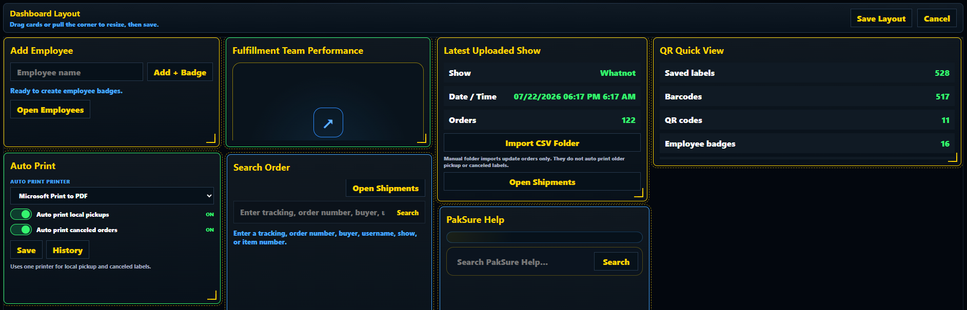 Actual PakSure dashboard card layout editor