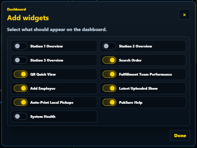 Actual PakSure customizable manager dashboard widgets