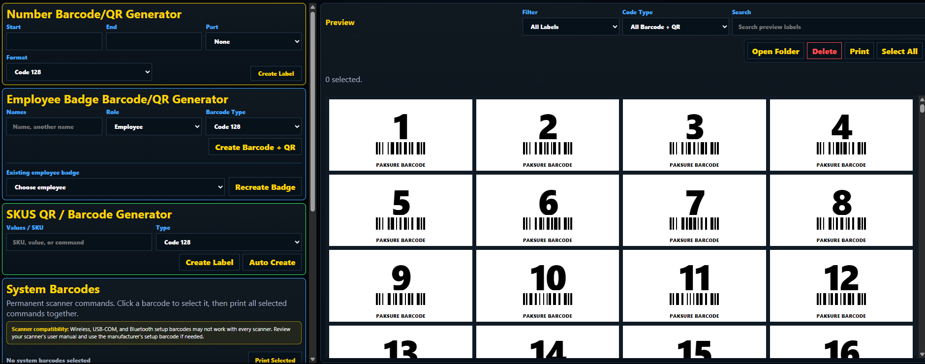Actual PakSure barcode and QR label generator