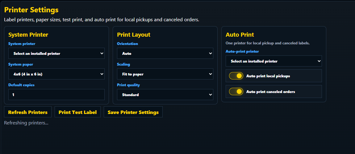 Actual PakSure printer settings screen