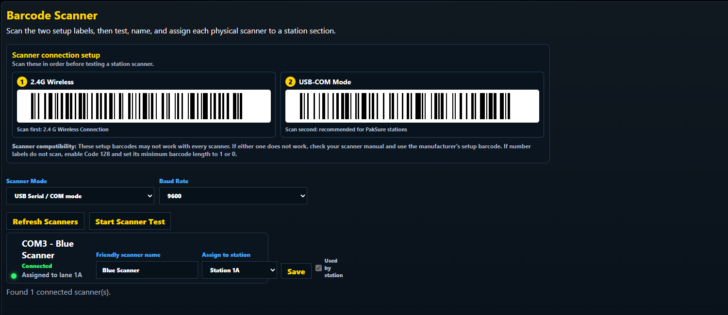 Actual PakSure barcode scanner setup and station assignment screen