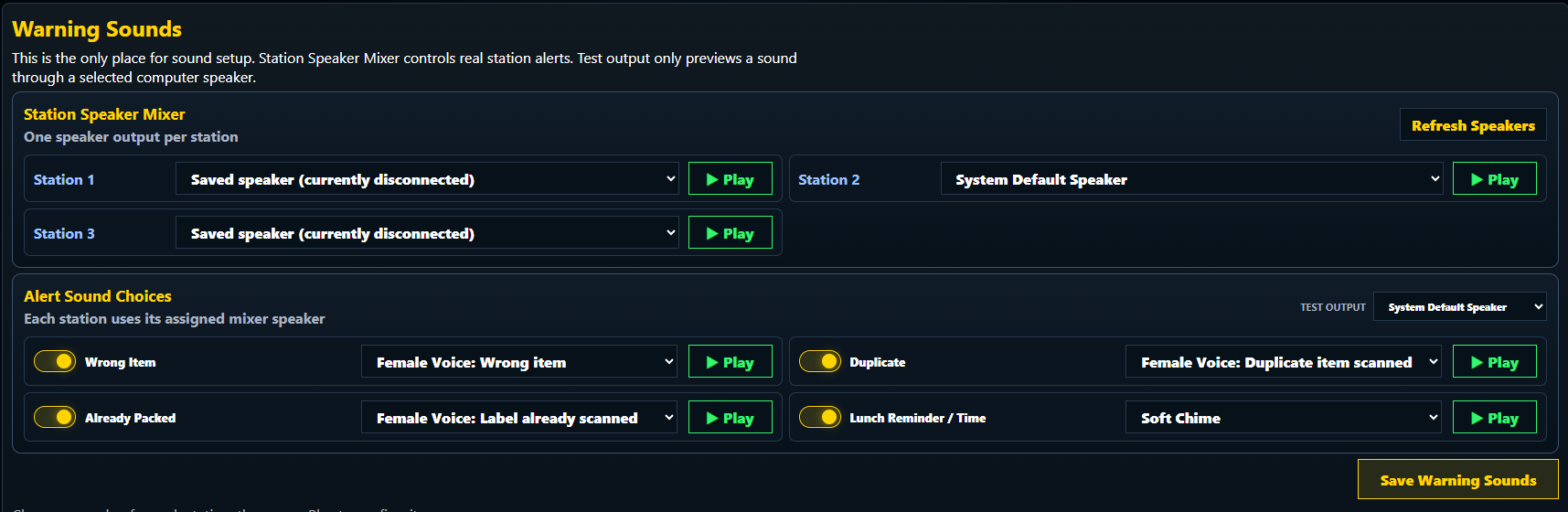 Actual PakSure warning sound settings screen